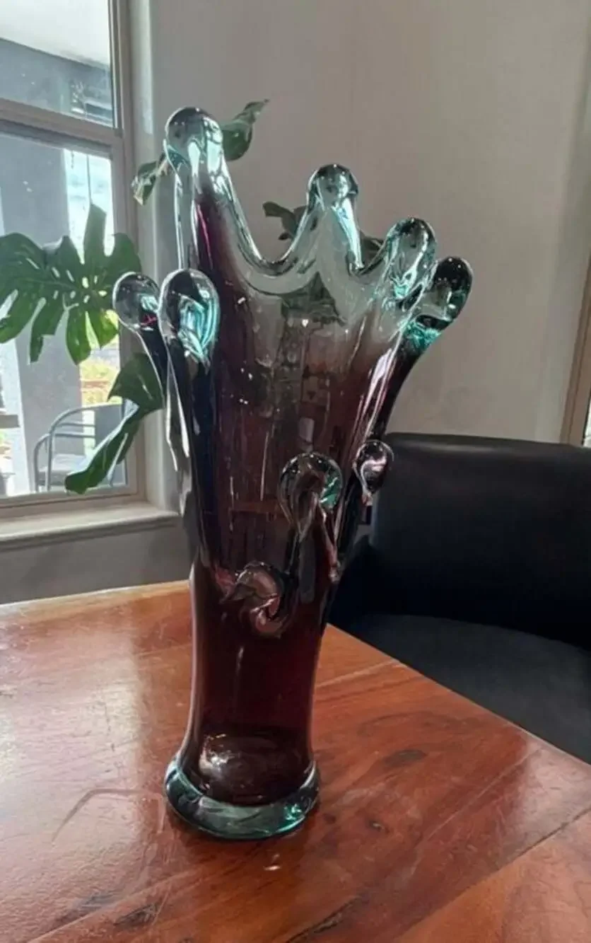 Vintage Murano Art Glass Swung Vase in Turquoise and Amethyst